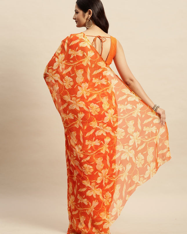 Chiffon Floral Printed  Saree with Unstitched Blouse Piece