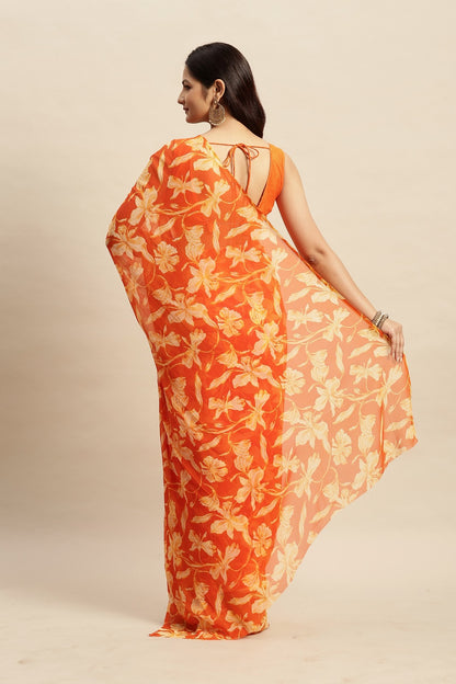 Chiffon Floral Printed  Saree with Unstitched Blouse Piece