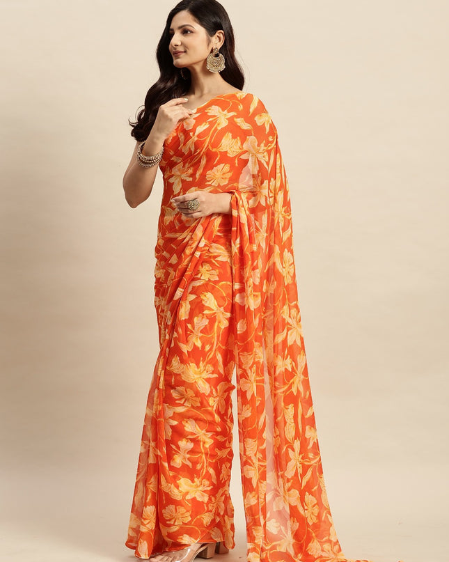 Chiffon Floral Printed  Saree with Unstitched Blouse Piece