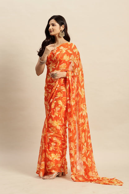 Chiffon Floral Printed  Saree with Unstitched Blouse Piece