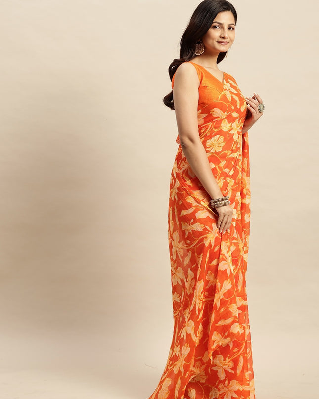 Chiffon Floral Printed  Saree with Unstitched Blouse Piece