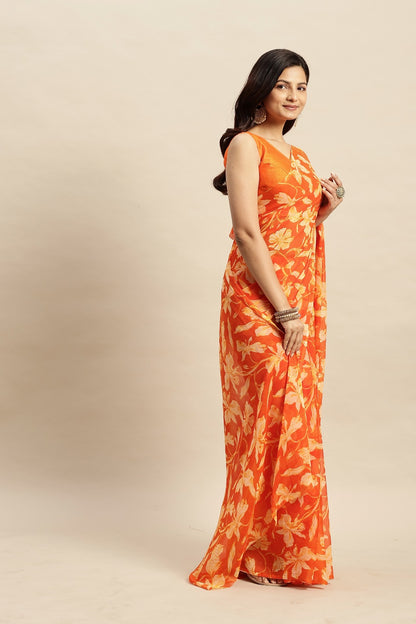 Chiffon Floral Printed  Saree with Unstitched Blouse Piece