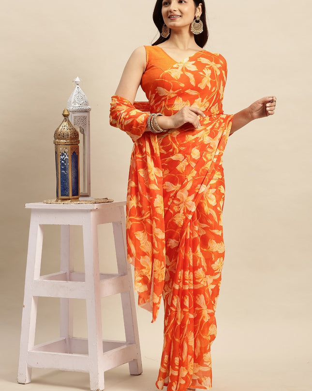 Chiffon Floral Printed  Saree with Unstitched Blouse Piece