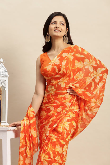 Chiffon Floral Printed  Saree with Unstitched Blouse Piece