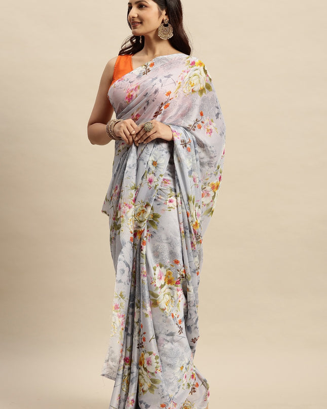 Chiffon Floral Printed Saree without Blouse Piece