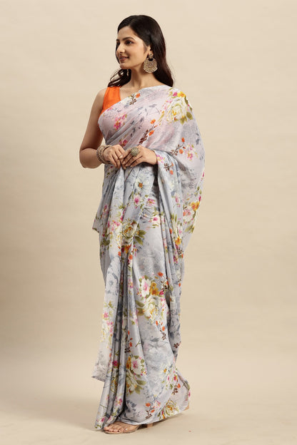 Chiffon Floral Printed Saree without Blouse Piece