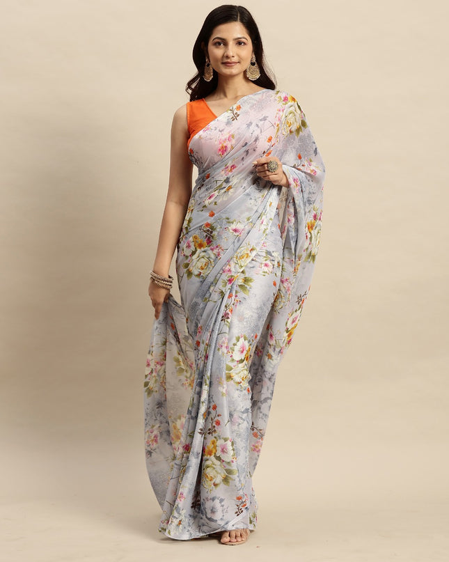 Chiffon Floral Printed Saree without Blouse Piece