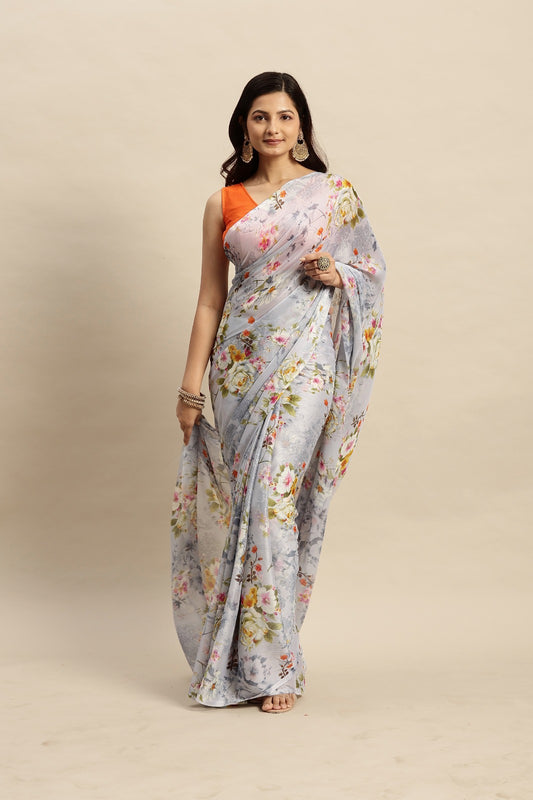 Chiffon Floral Printed Saree without Blouse Piece
