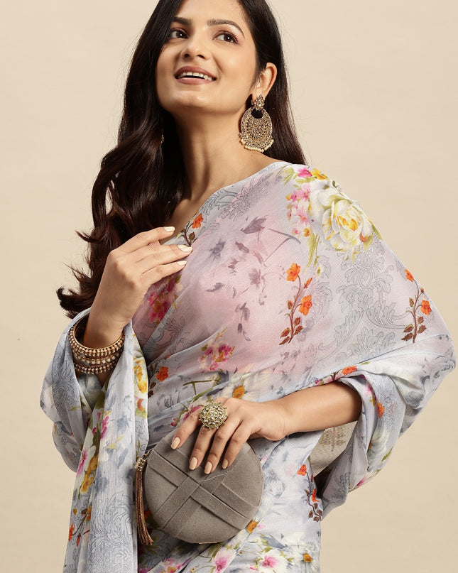 Chiffon Floral Printed Saree without Blouse Piece