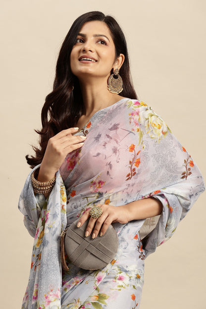 Chiffon Floral Printed Saree without Blouse Piece