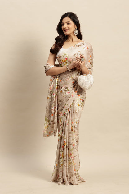 Chiffon Floral Printed Saree without Blouse Piece