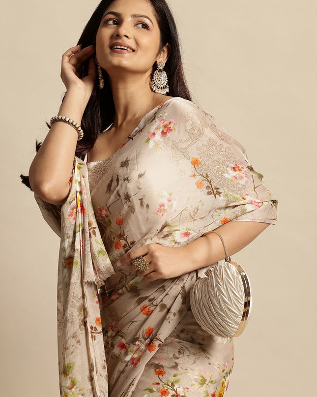 Chiffon Floral Printed Saree without Blouse Piece