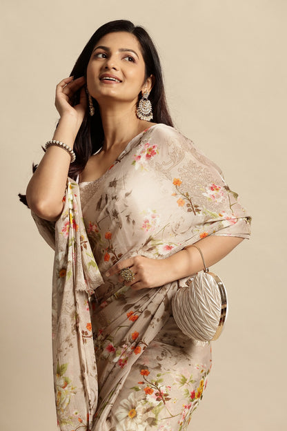 Chiffon Floral Printed Saree without Blouse Piece