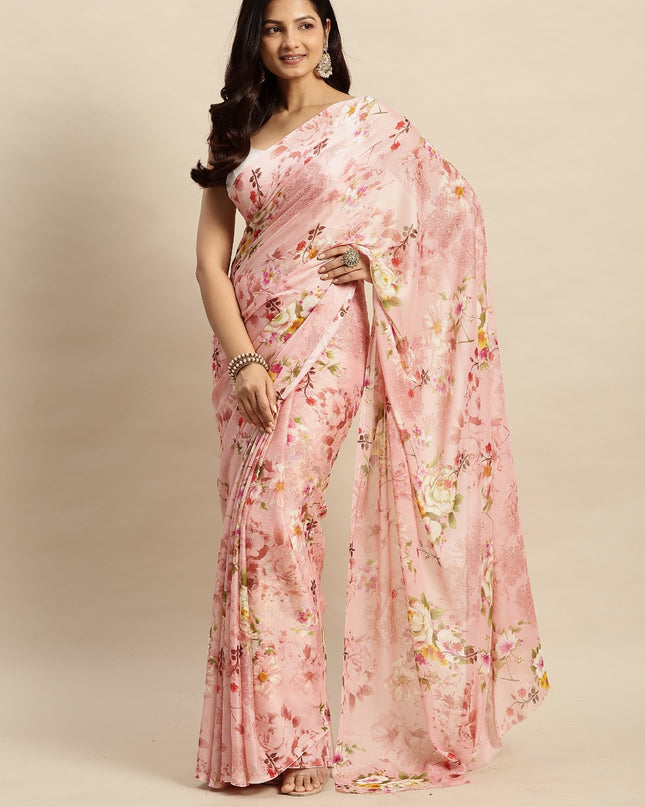 Chiffon Floral Printed Saree without Blouse Piece