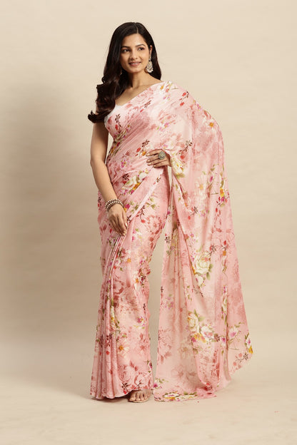 Chiffon Floral Printed Saree without Blouse Piece
