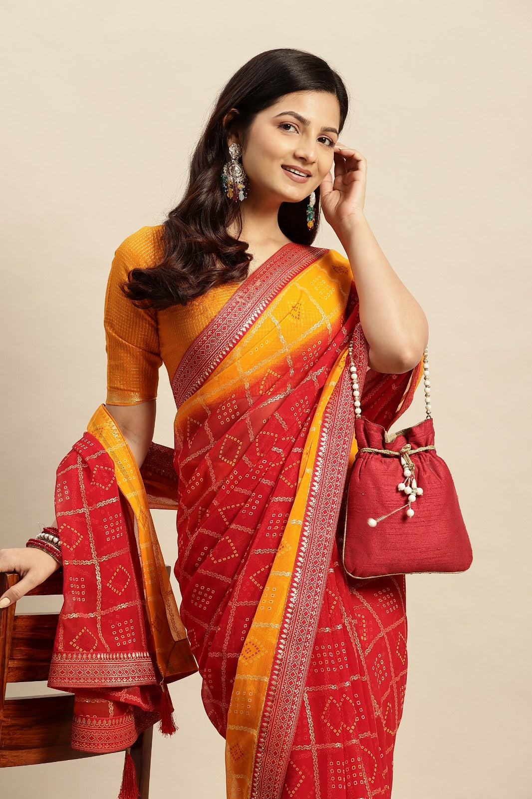 Chiffon Bandhani Printed Saree without Blouse Piece