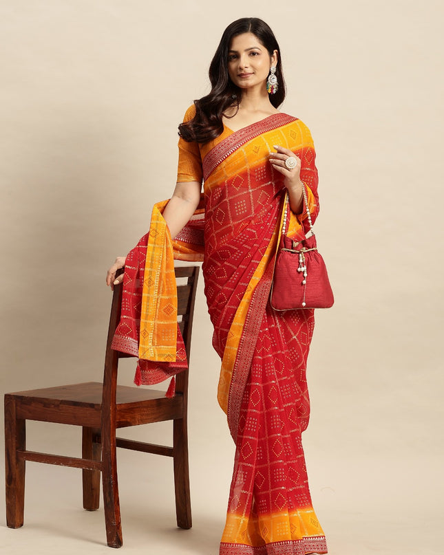Chiffon Bandhani Printed Saree without Blouse Piece