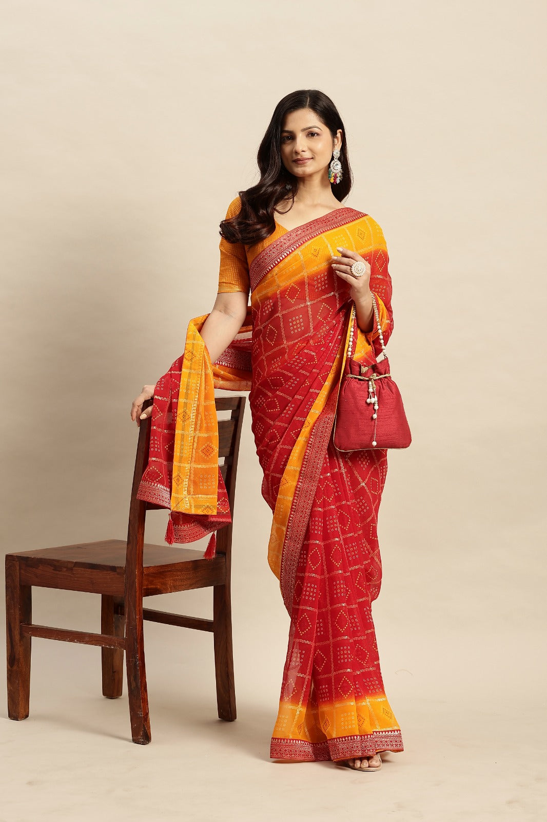 Chiffon Bandhani Printed Saree without Blouse Piece
