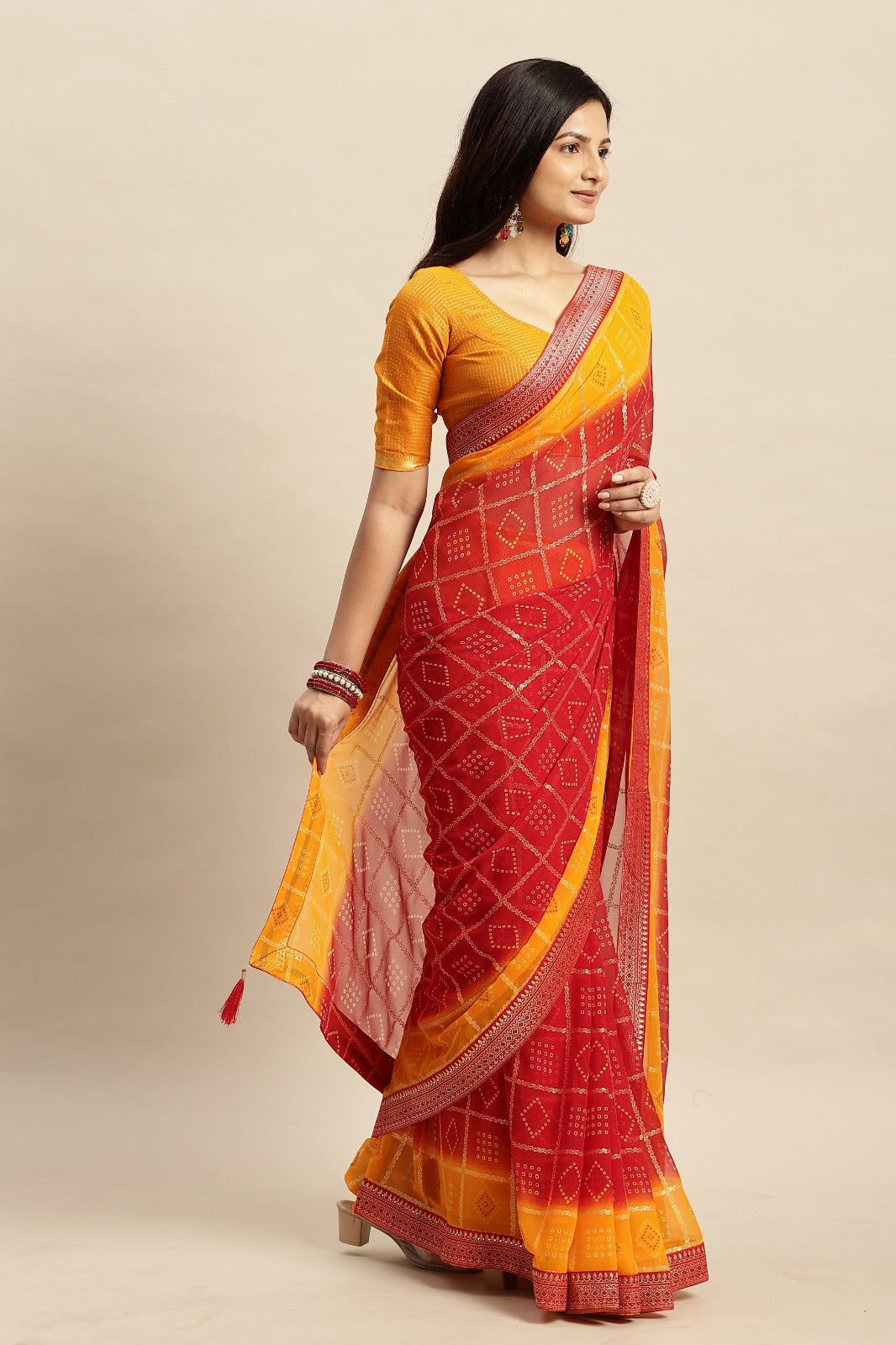Chiffon Bandhani Printed Saree without Blouse Piece