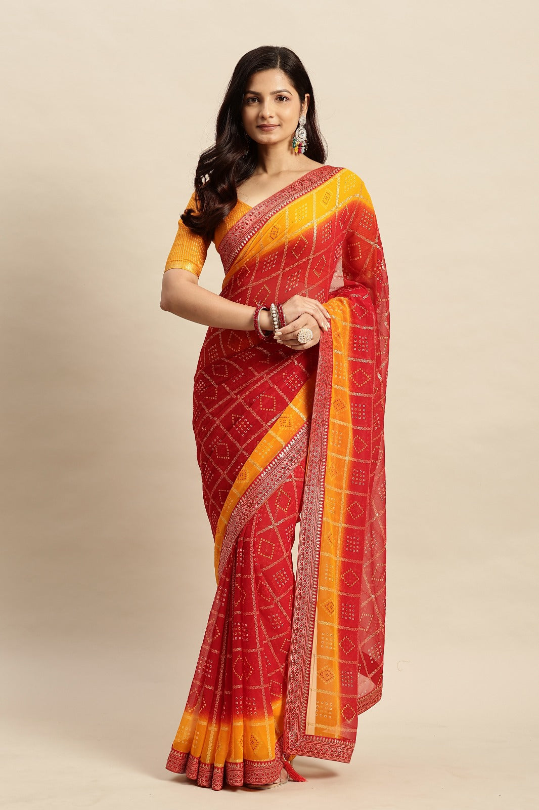 Chiffon Bandhani Printed Saree without Blouse Piece