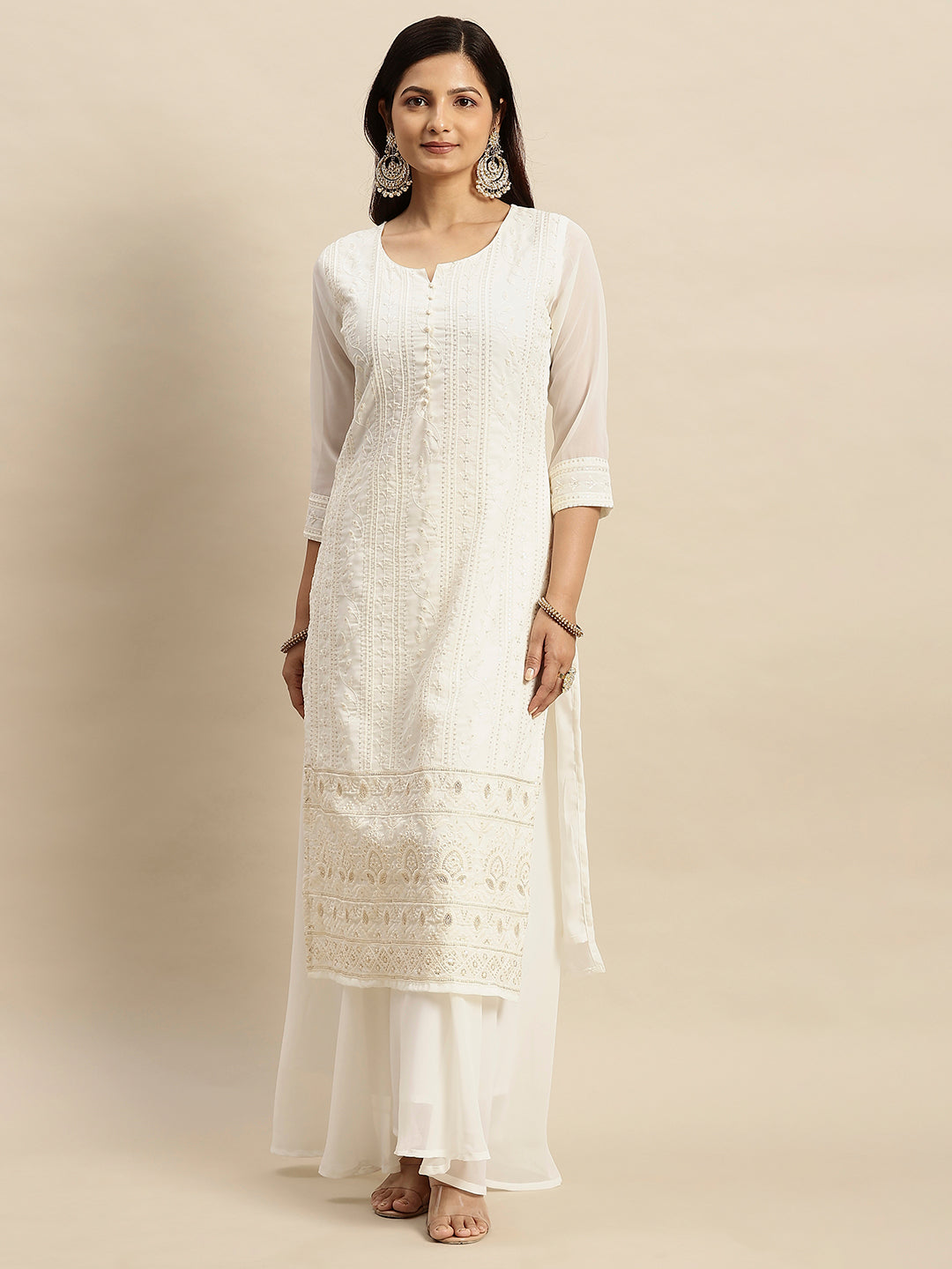 Georgette Straight Lucknowi Chikankari Ethinic Wear Kurta