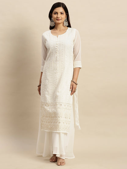 RATAN Women's Georgette Straight Lucknowi Chikankari Ethinic Wear Kurta