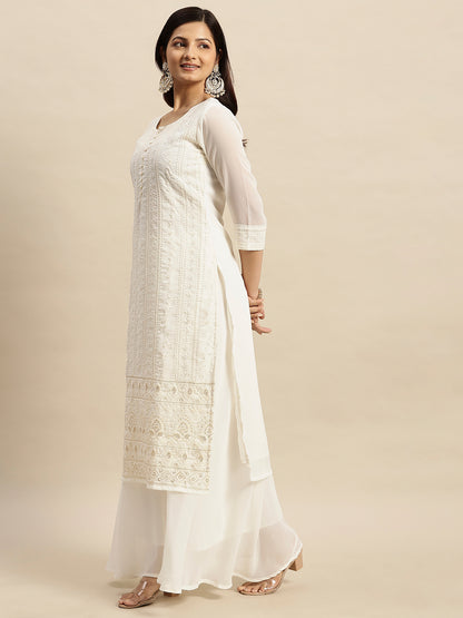 RATAN Women's Georgette Straight Lucknowi Chikankari Ethinic Wear Kurta