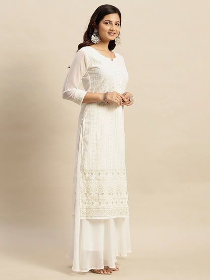 RATAN Women's Georgette Straight Lucknowi Chikankari Ethinic Wear Kurta