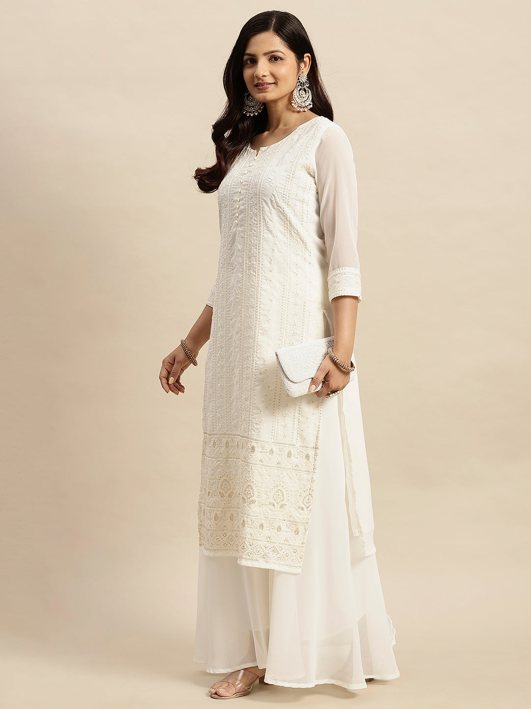 Georgette Straight Lucknowi Chikankari Ethinic Wear Kurta